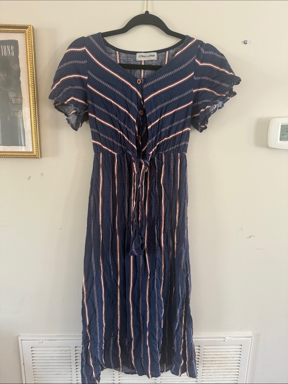 On Running Navy and Pink Striped Midi Dress